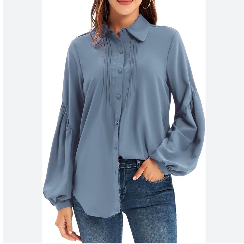 Grace Karin Pleated‎ Blouse Top Long Bishop Sleeves Blue Button Down Shirt